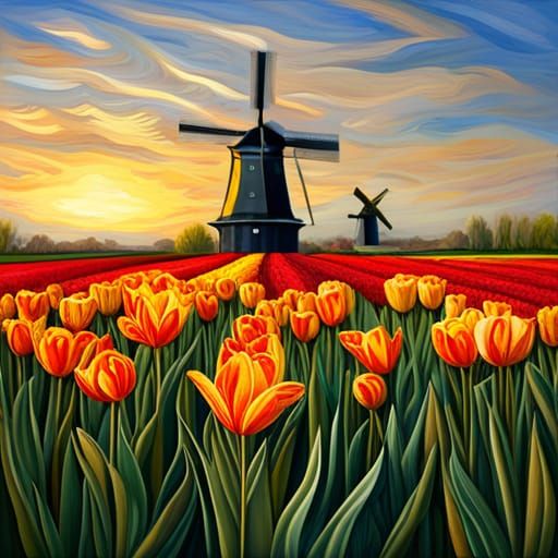 Paper Quilled Tulips with Dutch Windmill Landscape