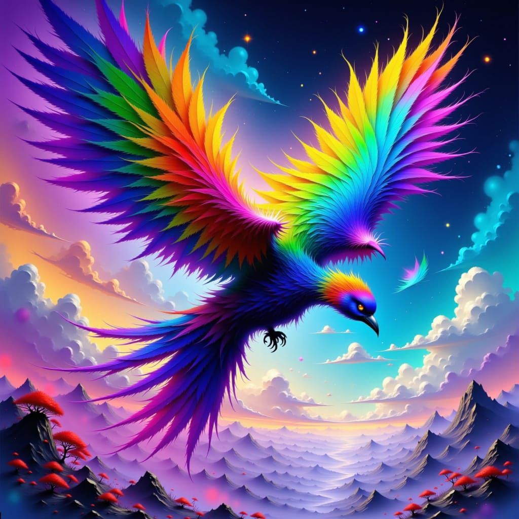 Phoenix Bird God Soaring with Rainbow Feathers