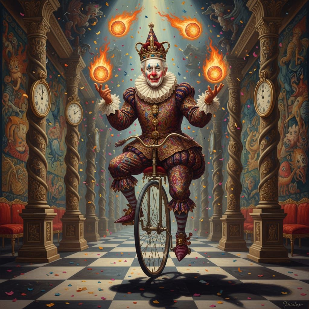 King Charles III as Clown Riding Monocycle in Palace