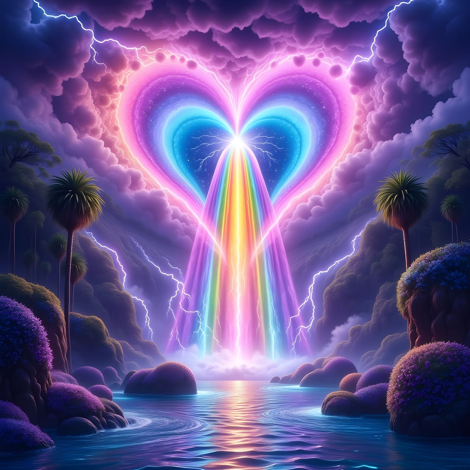 Rainbow Waterfall Heart Lightning in Dreamcore Style