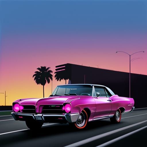 Red 1965 Pontiac GTO on Sunset Boulevard in Vaporwave Style