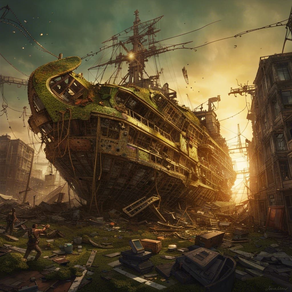 Washed Ashore, Post-Apocalyptic Battleship being Approached by Squatters