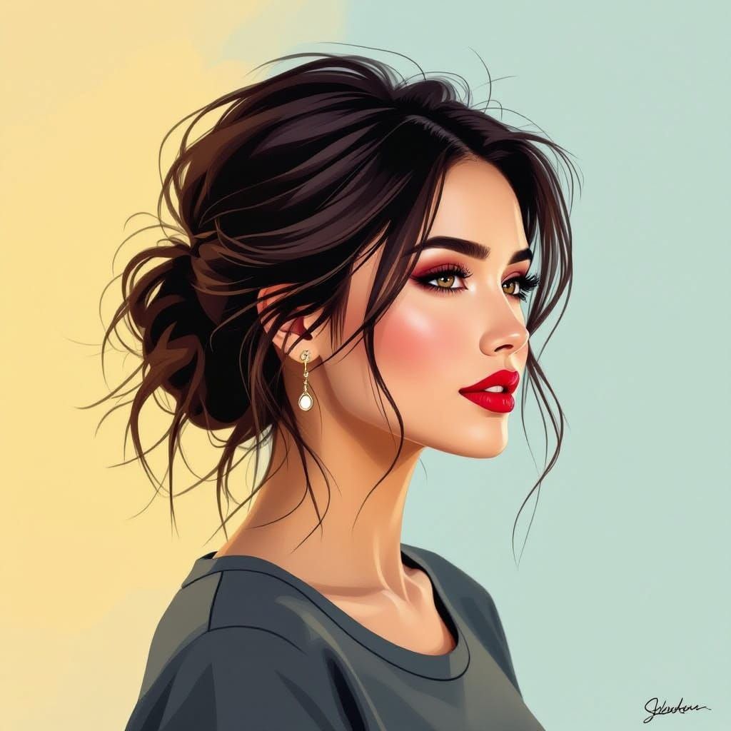 A digital painting of a woman in profile view, facing toward...