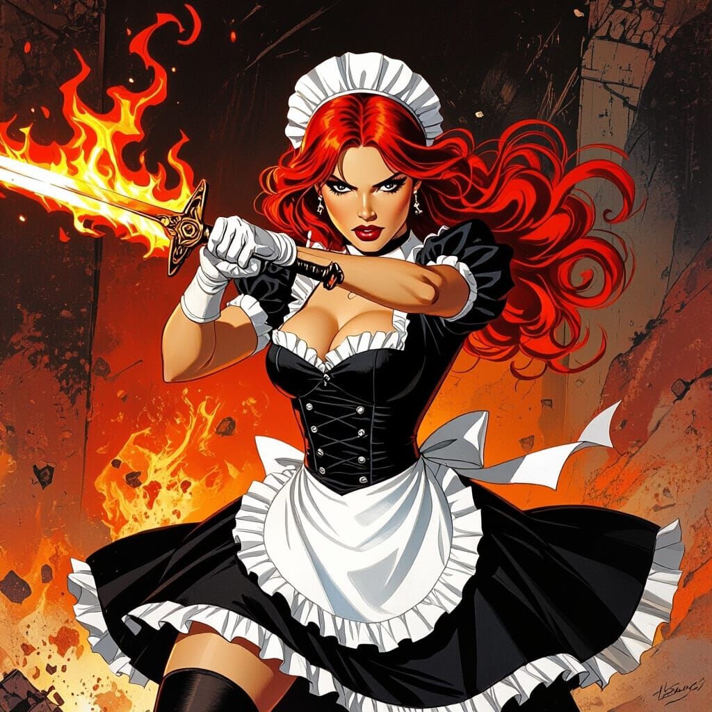 Redhead Maid Wielding Flaming Sword in Comic Book Style