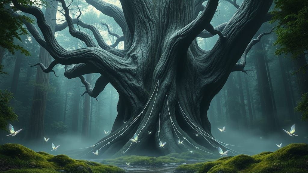 Mystical Forest Giant with Twisted Trunk and Gnarled Branche...