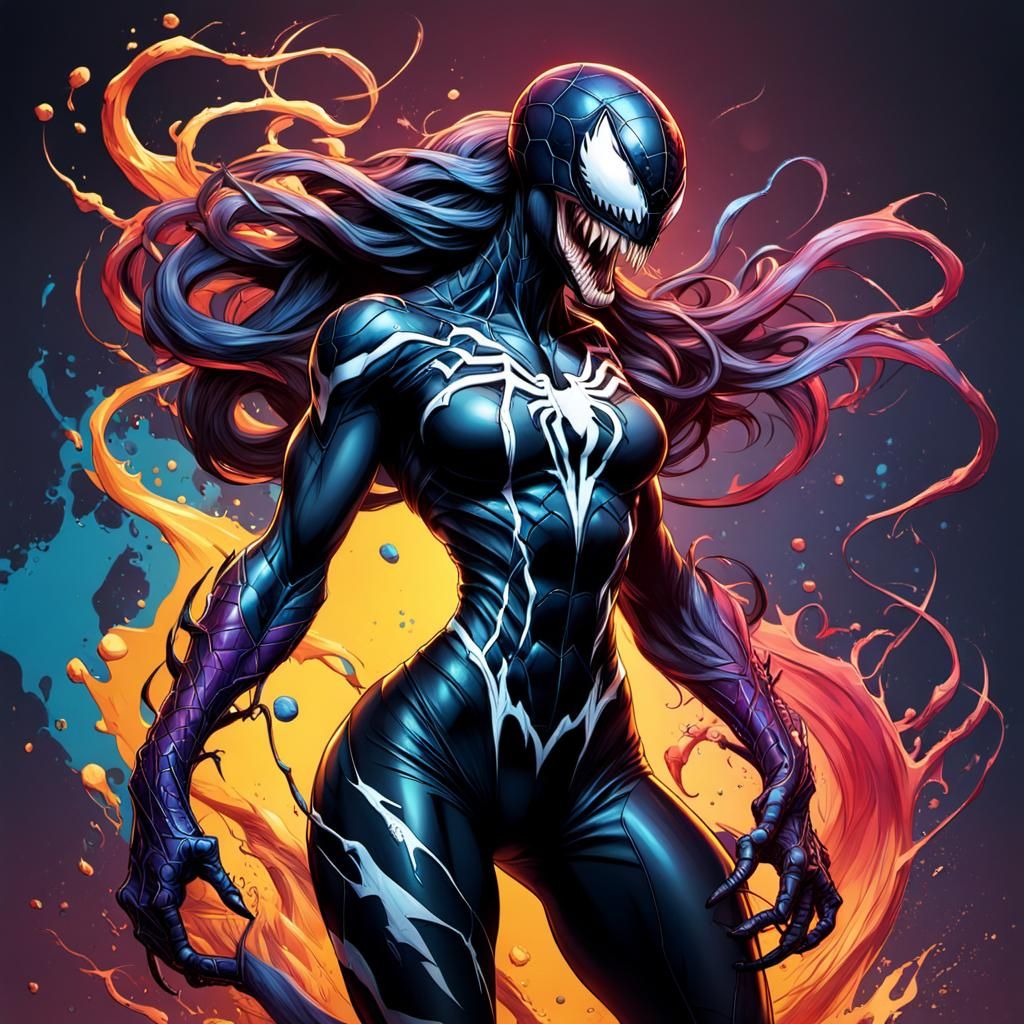 Hyperrealistic Venom Girl Splash Art Portrait
