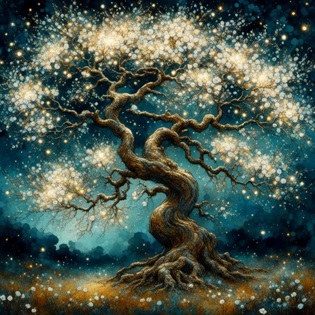 Vintage Blossoming Tree Under Starry Night