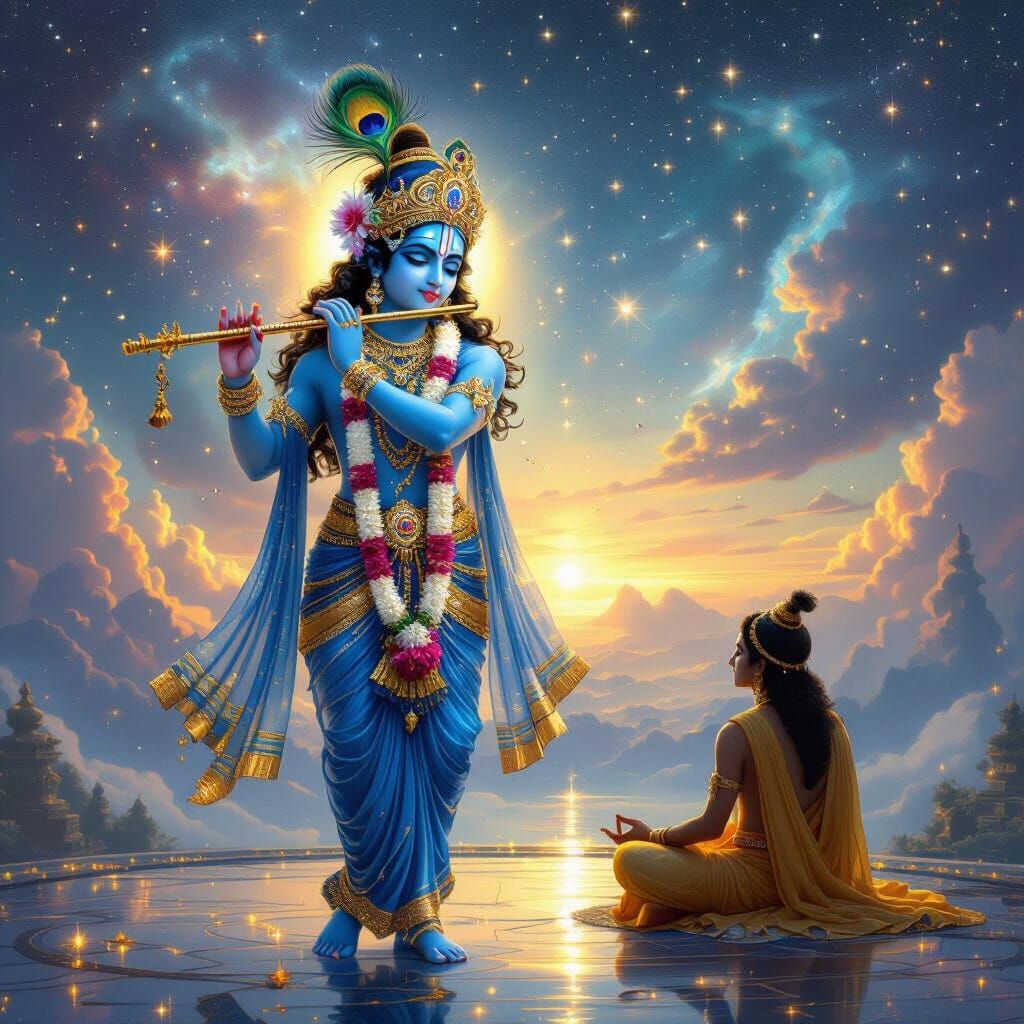 Krishna's Cosmic Flute Serenade in Fantasy Sci-Fi Style
