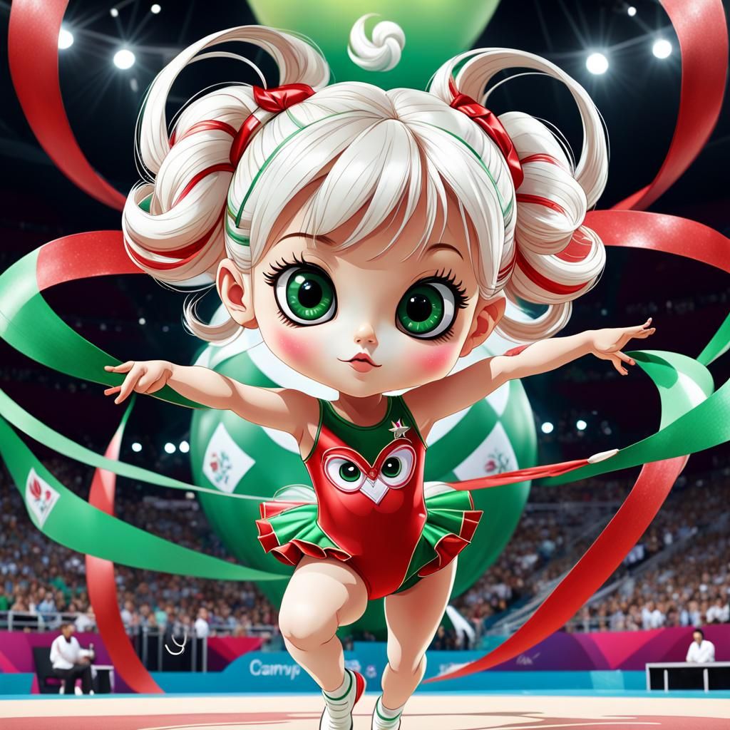 Cute little girl with big chibi eyes in leotard white green ...