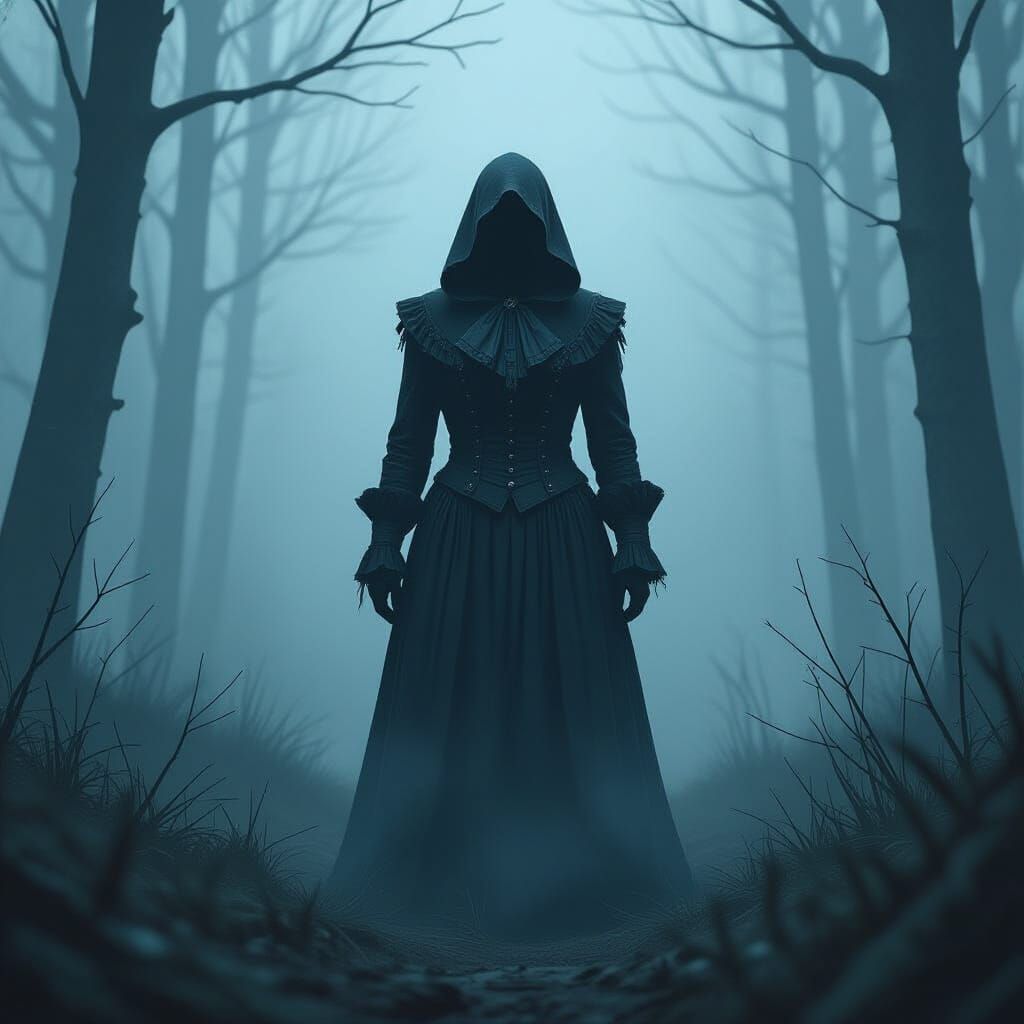 Mysterious Figure in Twilight Forest, Digital Art