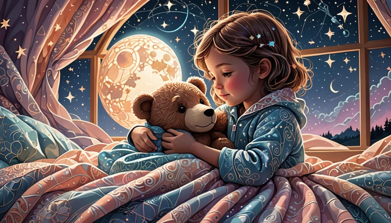 Child and Teddy Bear Snuggle Under Night Sky