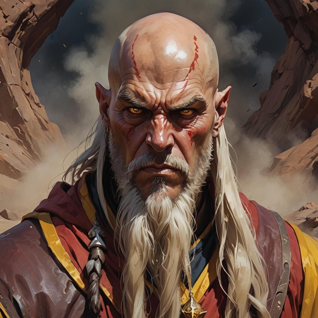 Furious Bald Wizard Portrait in Oil Paint Style