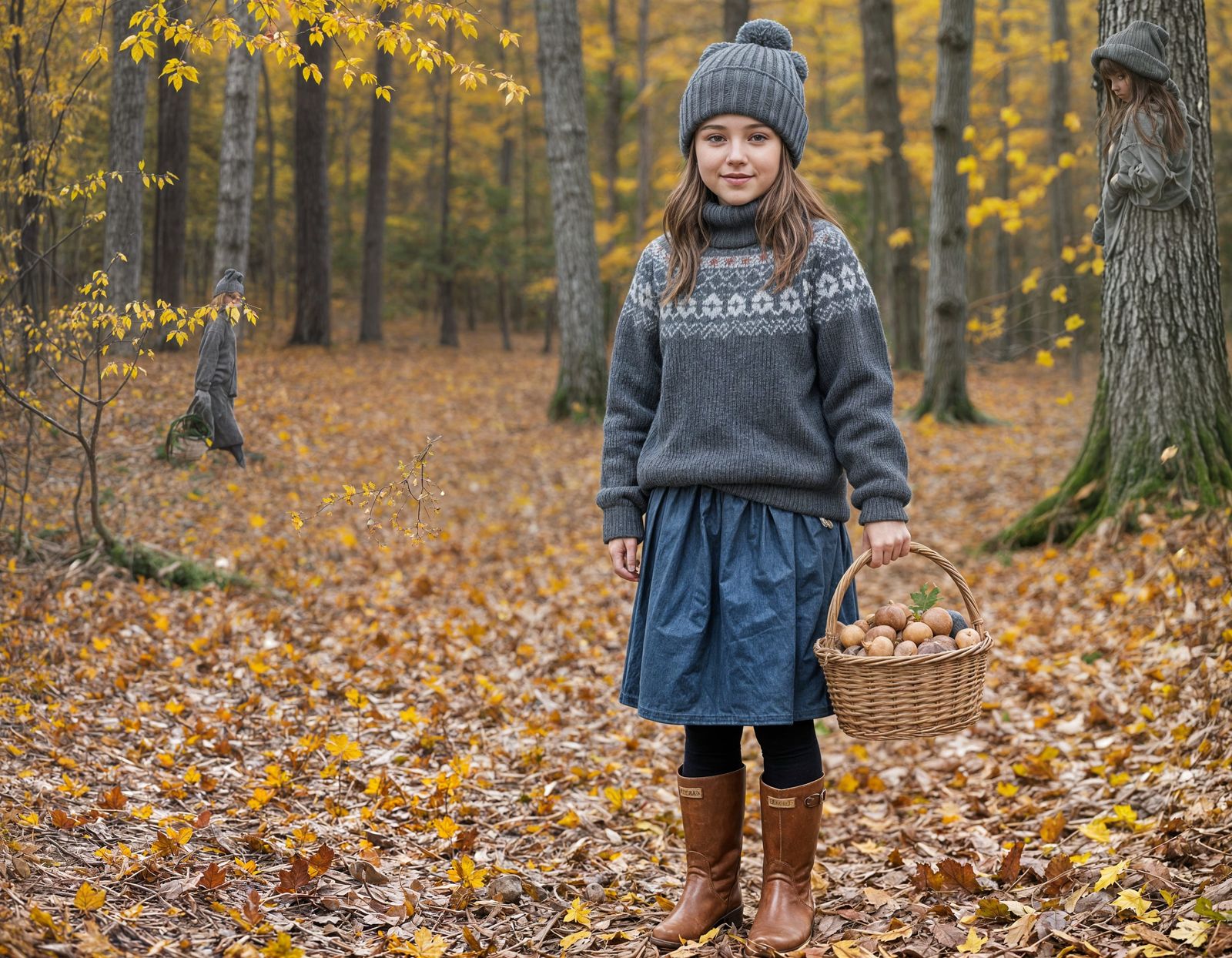 Girl in Red Boots Collects Mushrooms in Autumn Forest