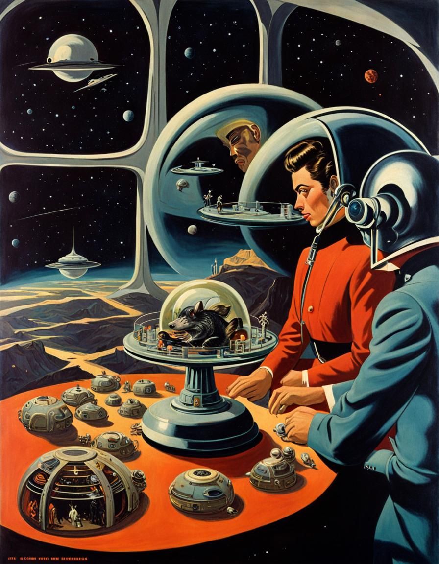 Rat Mind Control Painting in Retrofuturism Style