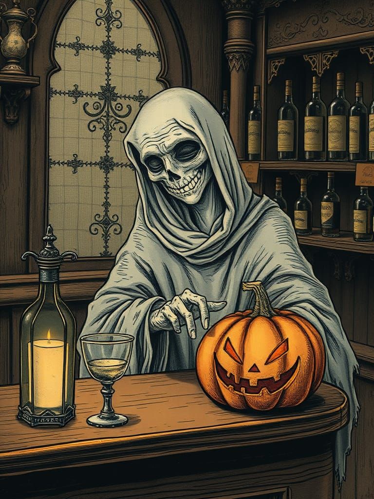 Ghost at Gothic Bar in Edward Gorey Style