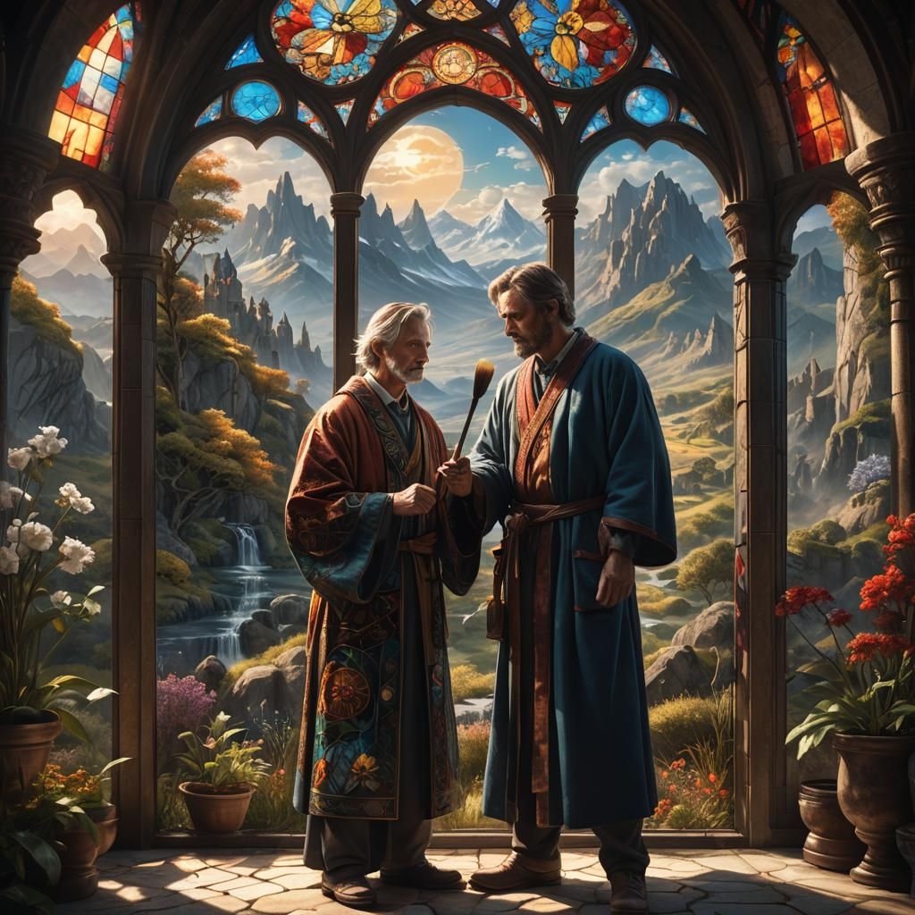 Artist Painting a Fantasy Landscape in Art Nouveau Style