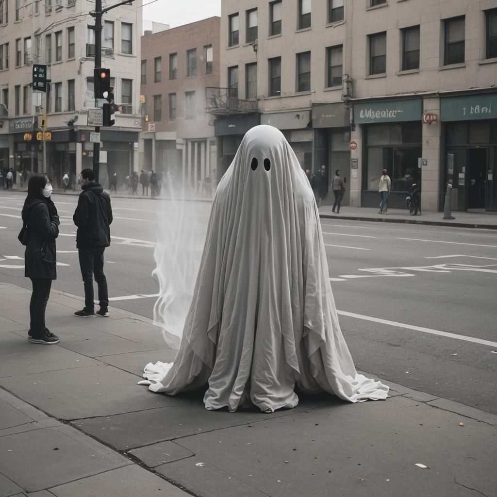 Ghostly Figure Unseen on City Street Corner