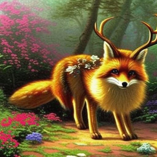 Ethereal Fox with Antlers and Flowers