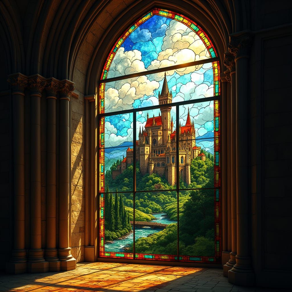 Stained Glass Castle Over Verdant Landscape