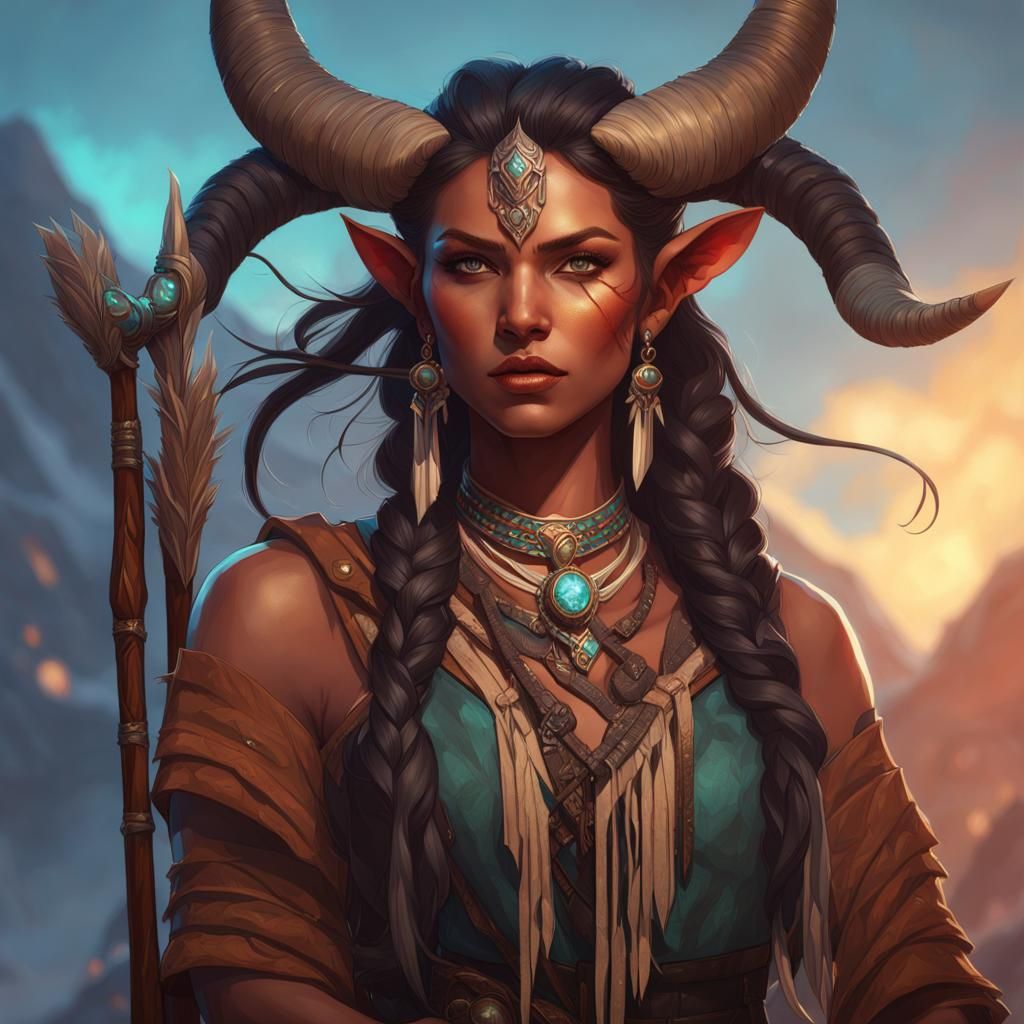 Tiefling Druid Portrait in Hyperdetailed Fantasy Art