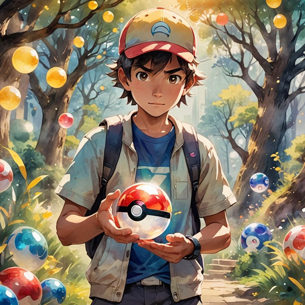 Pokemon Trainer and Pokeball in Watercolor RPG Style