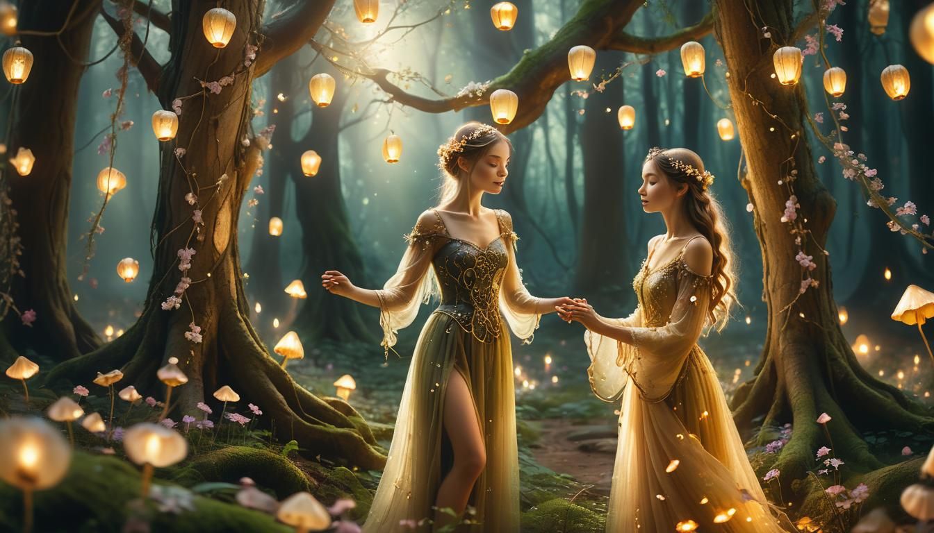 Faerie in Mystical Forest with Floating Lanterns