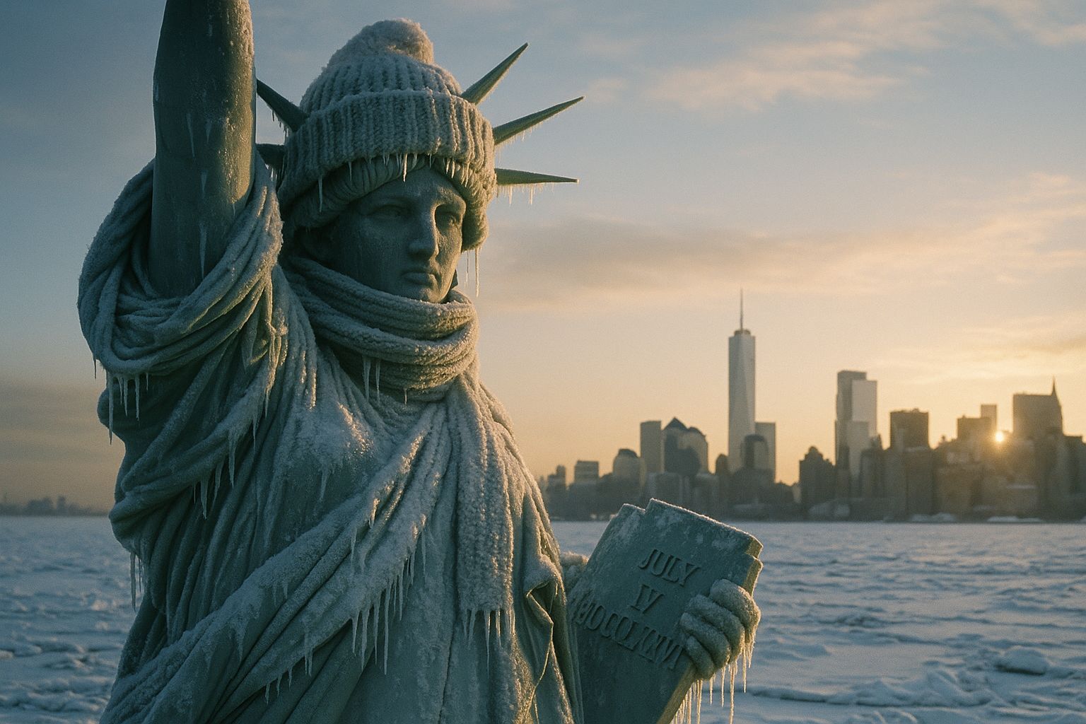 Statue of Liberty in Winter Gear: Snowy Manhattan
