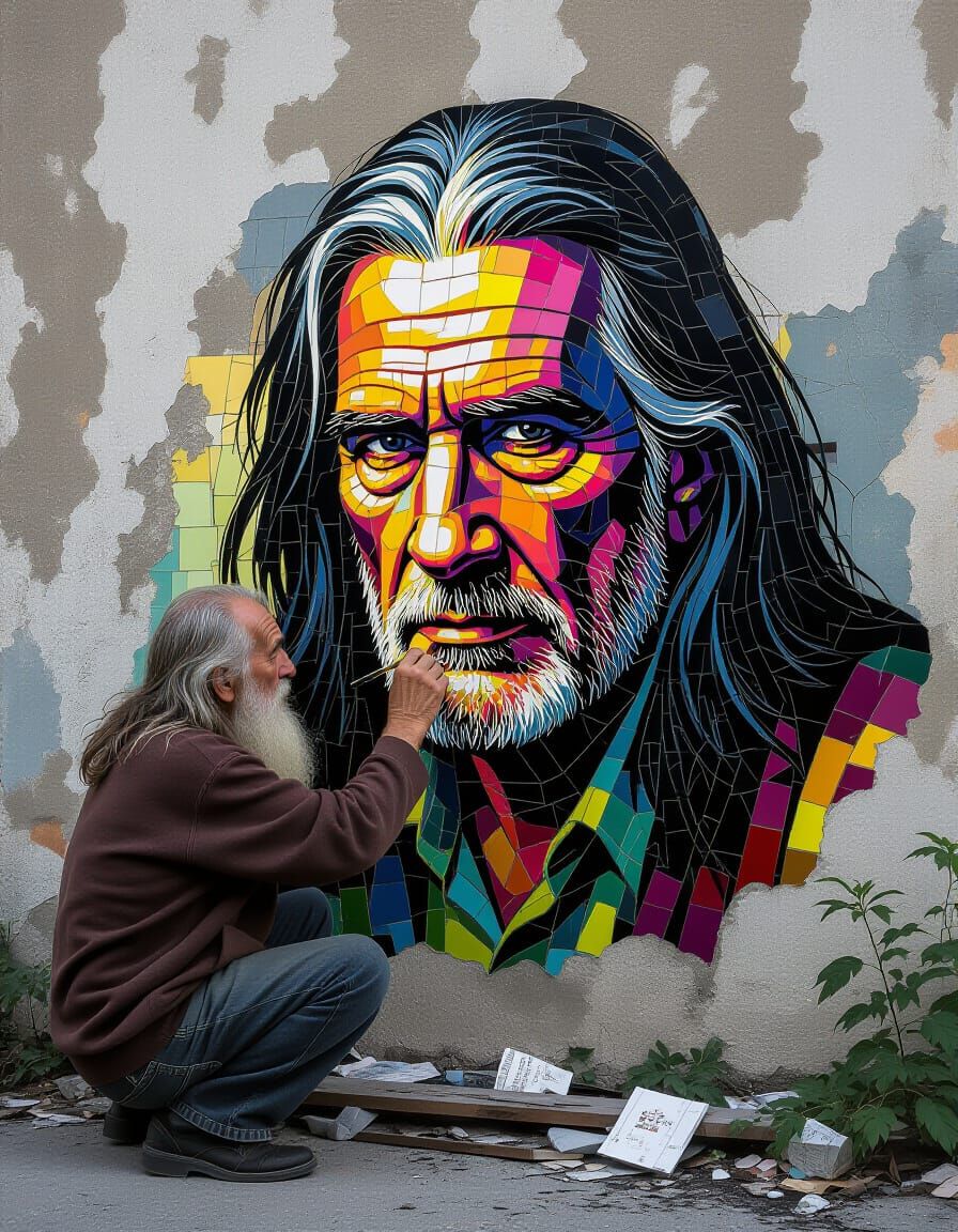 Elderly Man Crafts Mosaic Portrait on Concrete Wall