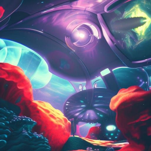 Cinematic shot:: inside a fishtank:: Colossal pirate spaceship navigating vibrant wormhole:: Cinematic atmosphere inspir...