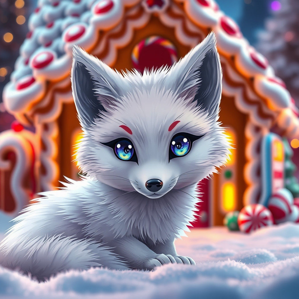 Charming Snow Fox Posing with Gingerbread House in Anime Sty...