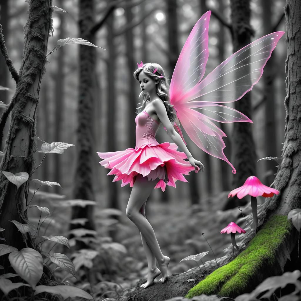 Lonely Pink Fairy in Selective Color Forest