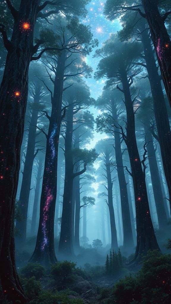 Cosmic Forest: Galaxy Trees in Surreal Digital Art