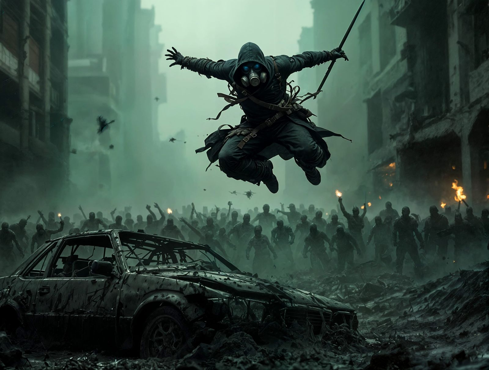 Post-Apocalyptic Survivor Leaps Over Zombie Horde