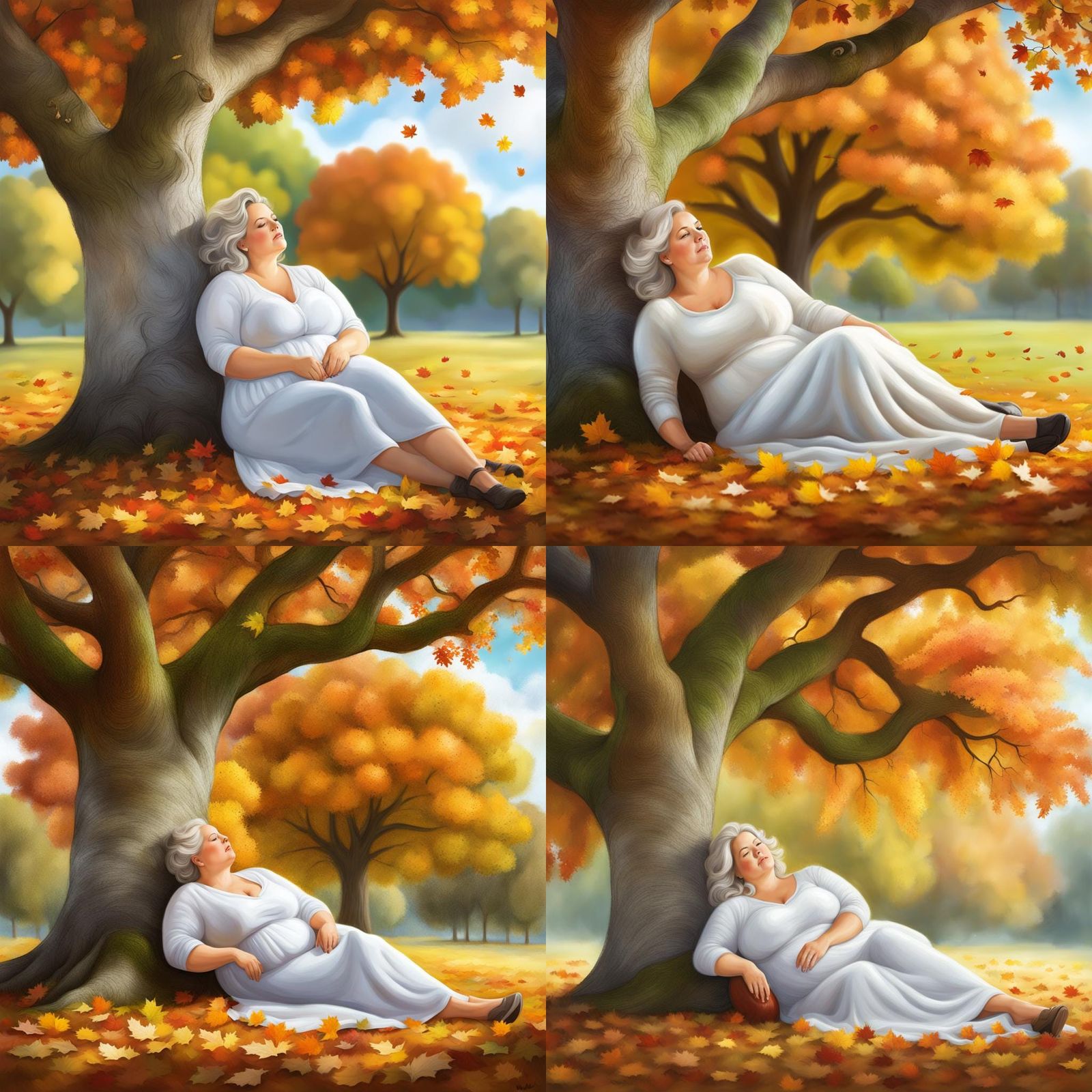 Woman Relaxing Under Oak Tree in Autumn Digital Painting