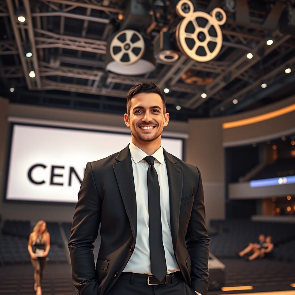 Confident Gentleman on Modern Stage with Classic Film Projec...