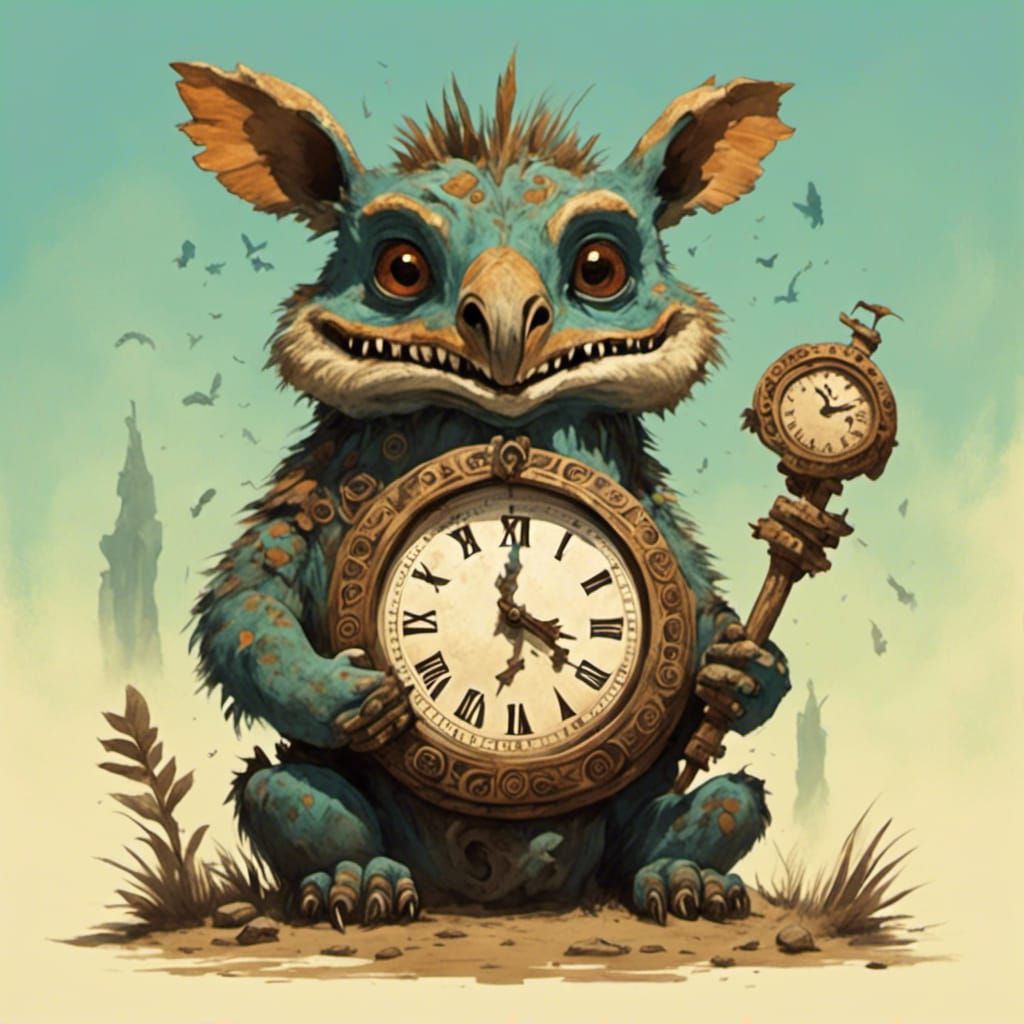 Cute Creature Holding Clock Art