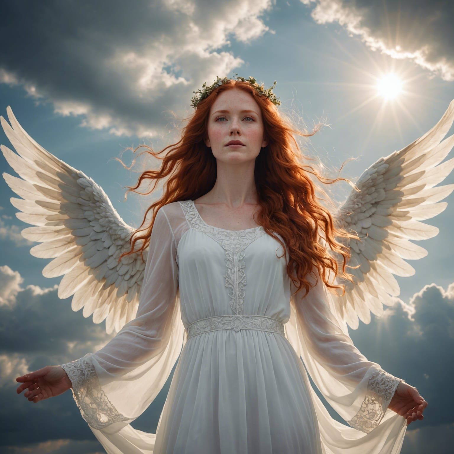 Female Angel with Red Hair in the Clouds