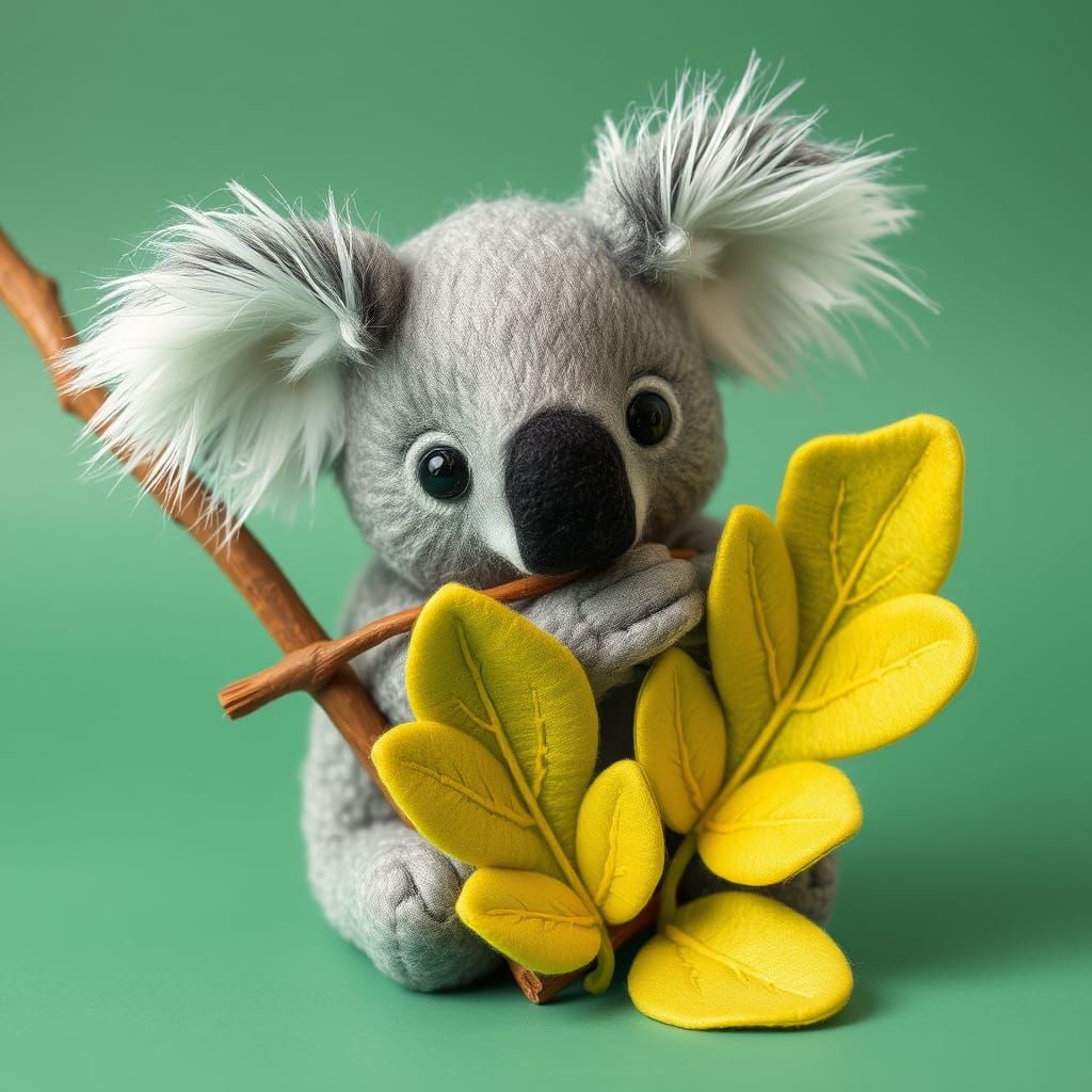 Felt Koala Eating Eucalyptus Leaves
