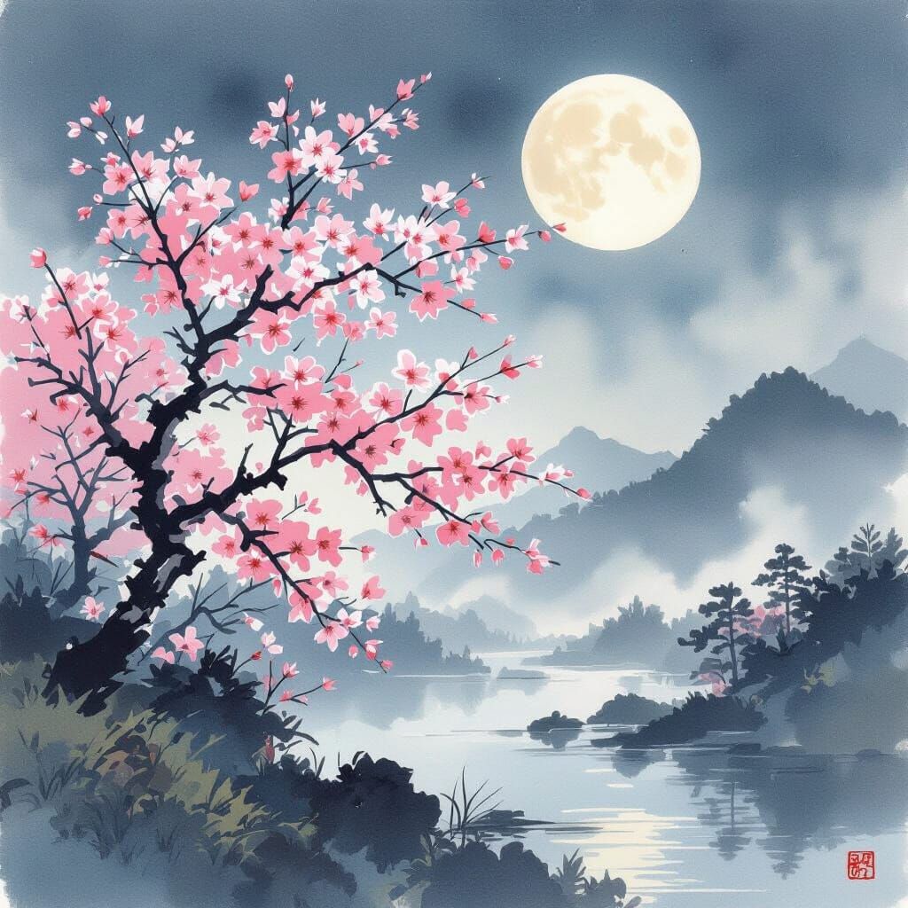 Moonlit Sakura Sumi-e Landscape Painting