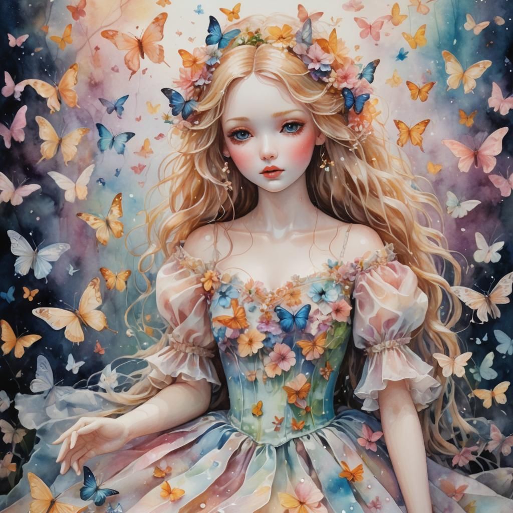 Porcelain Doll with Butterflies in Watercolor Fantasy Art