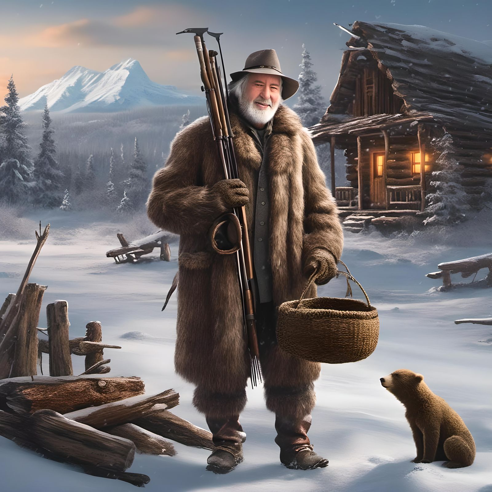 Alaskan Fur Trapper in Snowy Landscape: Detailed Matte Paint...