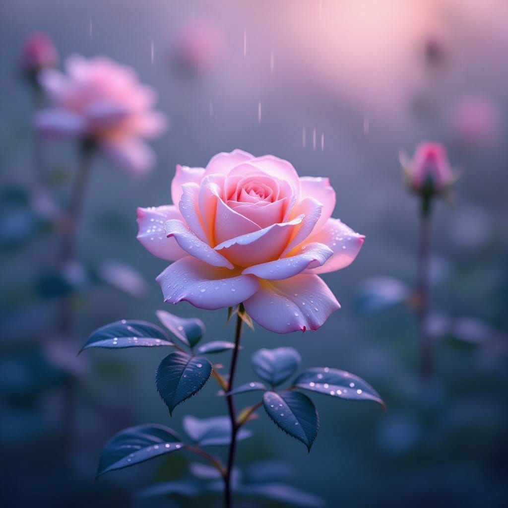Rain-Kissed Rose Glows in Misty Morning Light