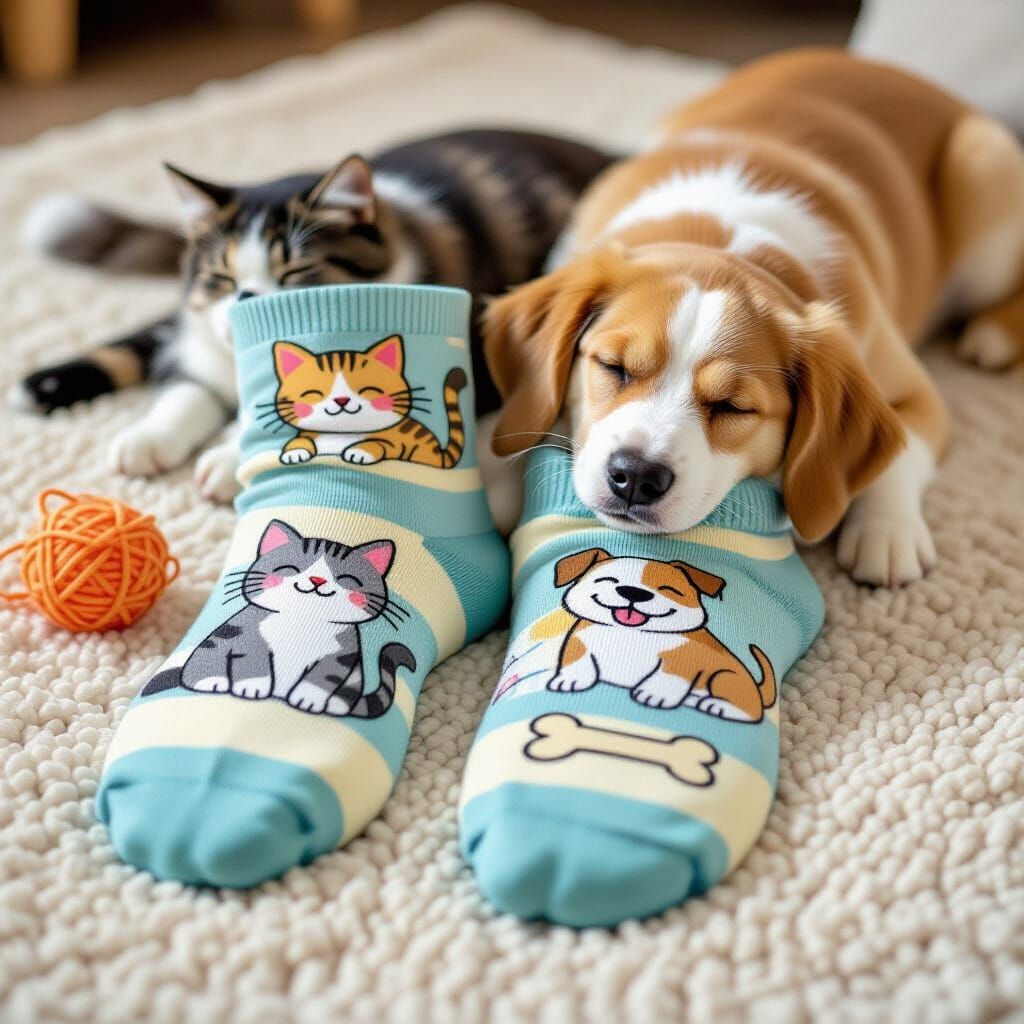 Playful Socks with Cat and Dog Cartoon Design