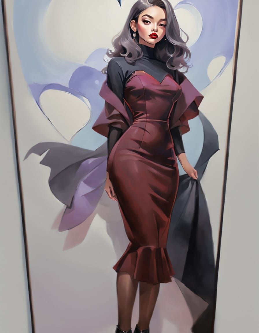 Sultry Latina Goddess in Lavender-Hued Fashion Illustration...