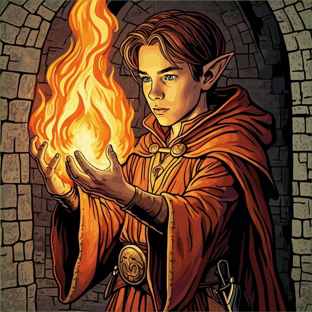 Elf-Mage Fireball in Pop Art Style