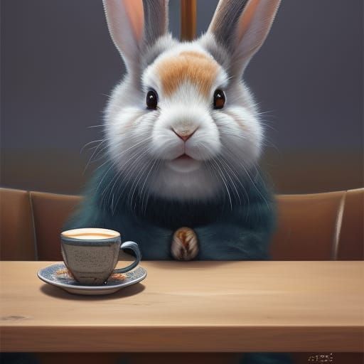 Rabbit Sipping Espresso in Cafe: Digital Illustration
