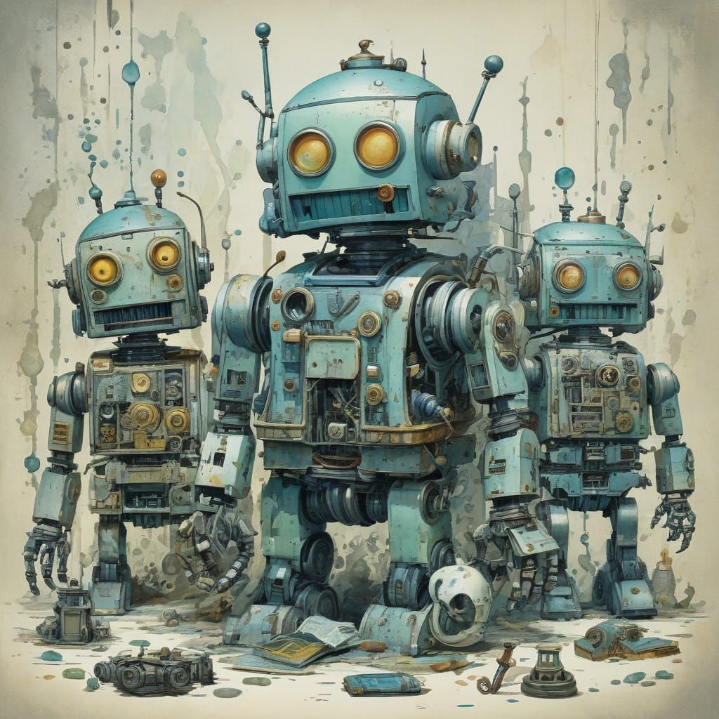 Whimsical Robot Figures in Dreamlike Watercolor