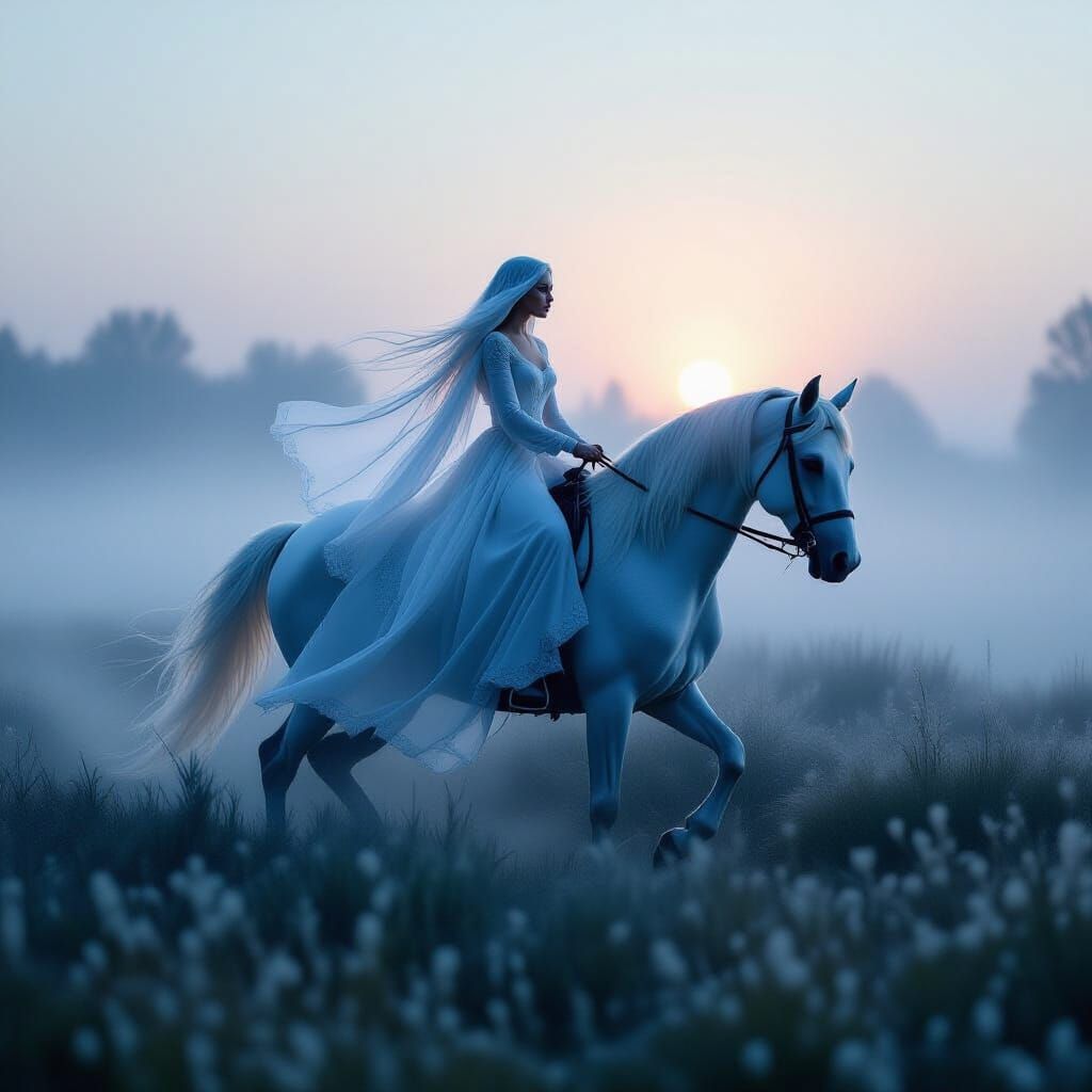 Ghostly Rider Woman on Horse at Dawn in Romantic Style