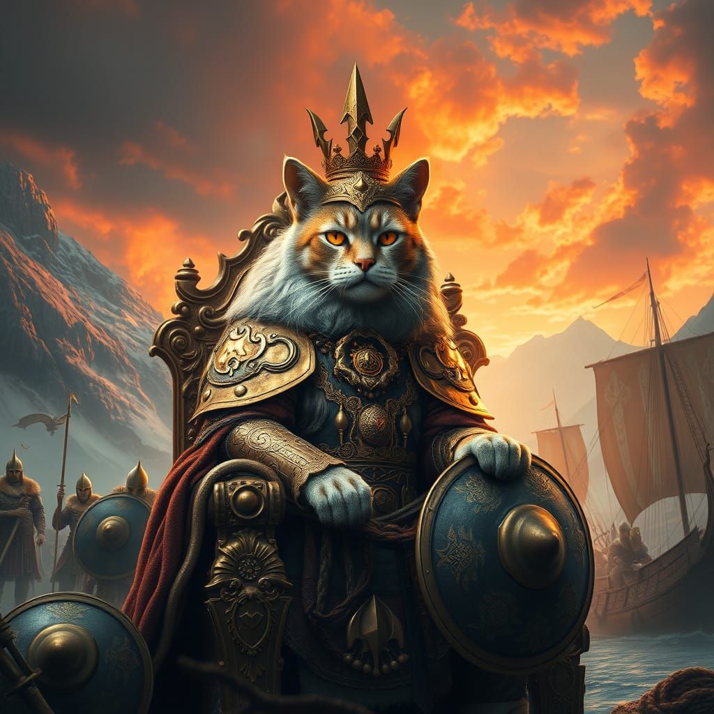 Regal Feline Monarch in Viking Realm Fantasy