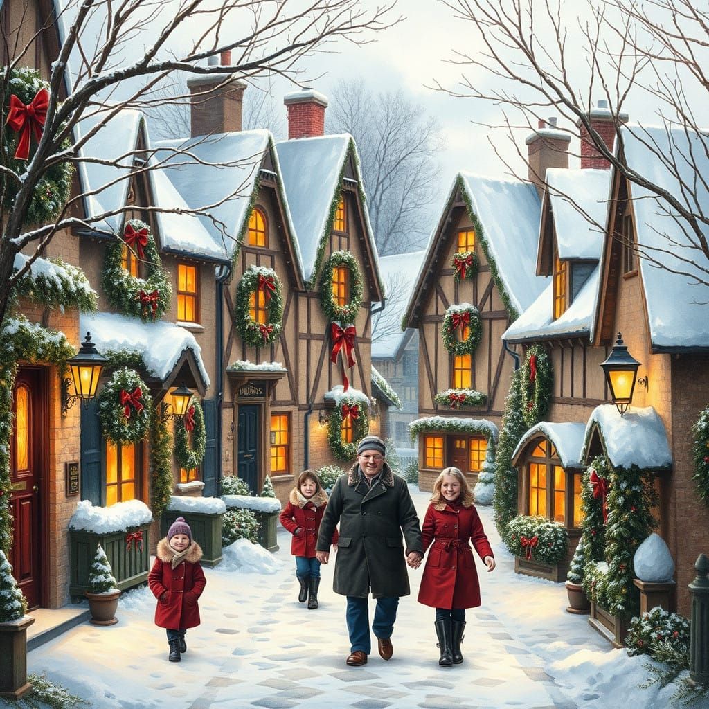Whimsical Winter Village Scene by Golden Light